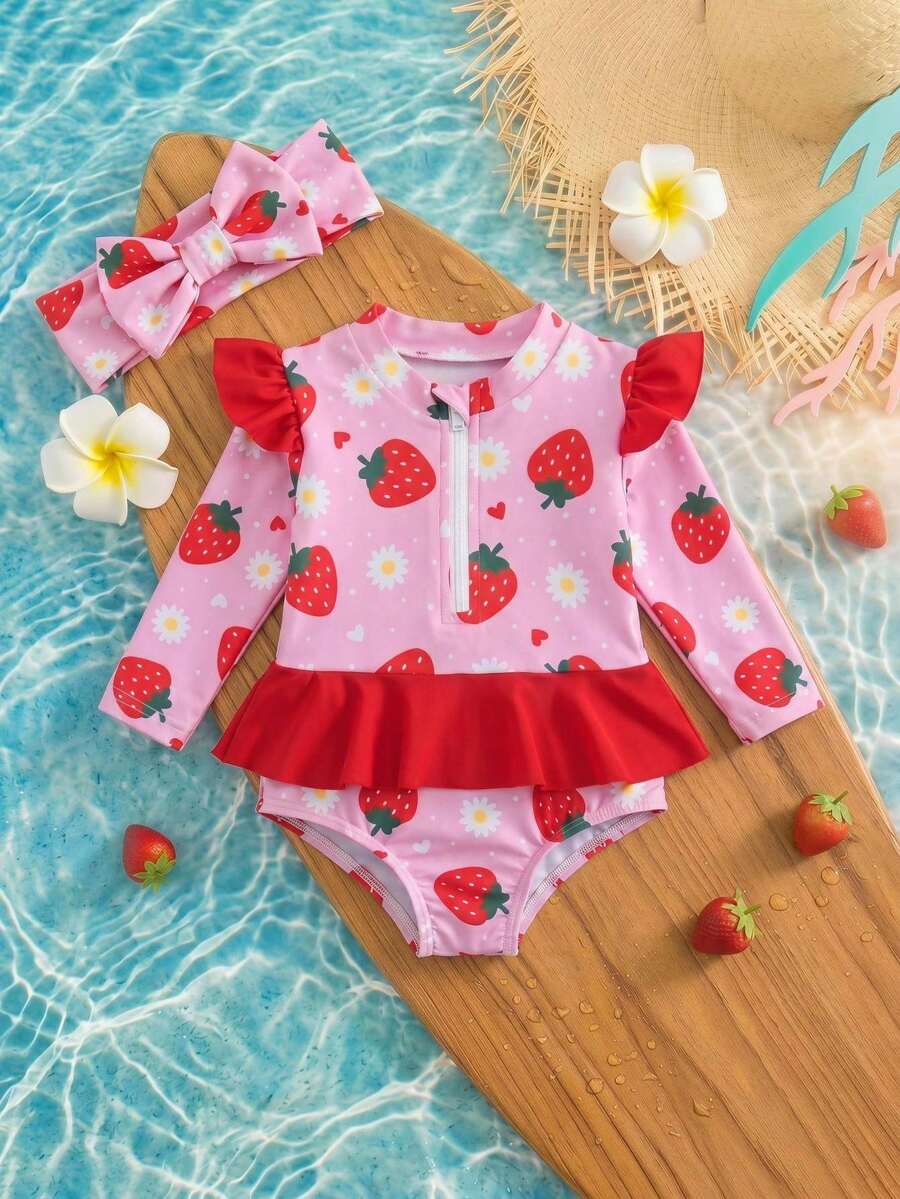 SHEIN 女嬰草莓荷葉邊長袖泳衣海灘裝度假套裝 - 紅色 - 查看 1