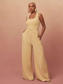Vixey Solid Crepe Square Neck Drawcord Waist Wide Leg Jumpsuit, Elevated Casual Chic, Everyday Style, Off Duty Vacation Beige Summer Travel - Olive Green - View 1