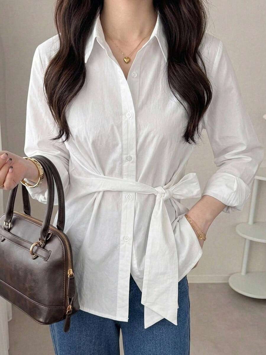 DAZY Women's Solid Color Long Sleeve Single-Breasted Side Waist Tie Shirt - White - View 1
