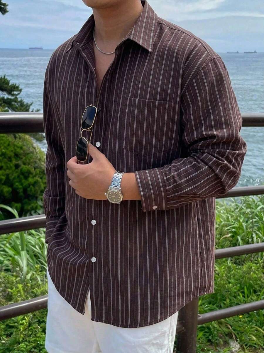 DAZY 條紋棕色長袖寬鬆休閒男士襯衫 - 彩色 - 查看 1