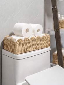 1PC Paper Rope Rattan Woven Storage Basket, Tea Table Storage Box, Toys, Snacks, Cosmetics Storage, Japanese Wooden Handle, Petal Style Storage - Brown - View 4