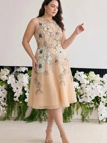 MOTF PREMIUM PLUS SIZE WOMEN SPRING SUMMER FLORAL PRINT FLARE HEM DRESS - Khaki - View 4