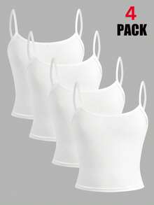 SHEIN 青少年女孩 4件組白色簡約基礎舒適背心內衣套裝，兒童女童針織棉內著，四季適用 - 白色 - 查看 3
