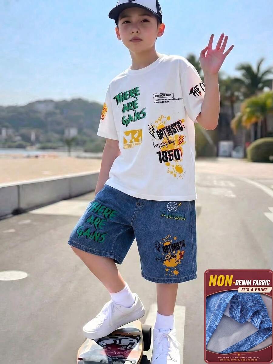 2件組青少年男孩休閒街頭風熊圖案短袖圓領T恤與仿丹寧短褲套裝,適合夏季日常休閒穿著、度假海灘旅行,兒童夏季穿搭 - 彩色 - 查看 1