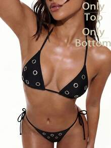 Oceva Women's Solid Color Eyelet Decor Halter Tie Bikini Top, Suitable For Summer Vacation And Beach - Black - View 4