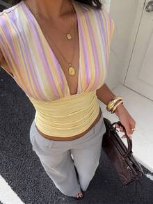 Aloruh Women's Sexy Deep V-Neck Colorful Striped Y2K T-Shirt, Slim Fit T-Shirt, Basic Casual Versatile T-Shirt, Hot Girl Top, Summer Top, Back To School Striped Top, Beach Vacation Top - Light Yellow - View 7