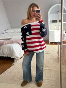 CovetEZ Women's American Flag Pattern Asymmetrical Shoulder Long Sleeve Sweater - Blue - View 3