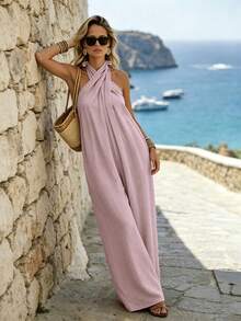 SHEIN Holidaya Mono halter de color caqui para vacaciones de mujer, mono a juego para vacaciones de mujer, conjunto de vacaciones de mujer - Rosa - Ver 3