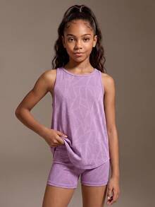 SHEIN Tween Girls Clothing Chiba Knit Jacquard Purple & Pink Top + Shorts Matching Sets, Round Neck Loose Comfortable Sporty Casual Elegant Urban Student College Girls 2-Piece Set, Moisture Wicking Absorbs Sweat - Mauve Purple - View 5