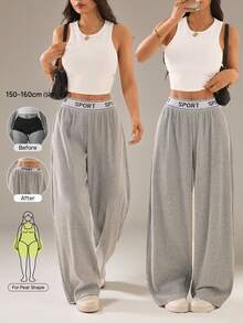 SHEIN PETITE 女款休閒日常字母腰帶寬鬆長褲 - 灰色 - 查看 8