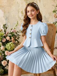 Elladie kids 女童方領泡泡袖優雅套裝，適合日常穿著、派對與外出 - 藍色 - 查看 5