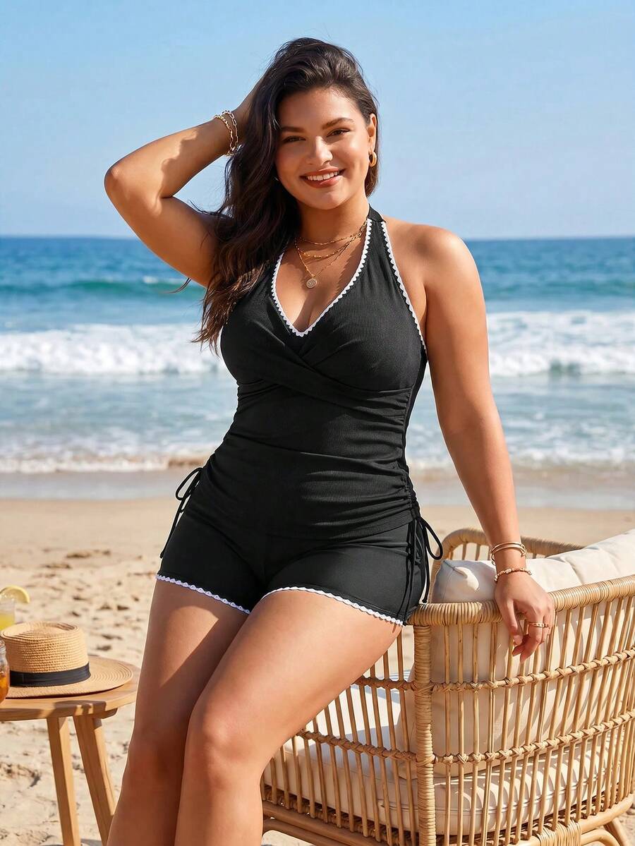 Swim Lushoire 大尺碼女款優雅柔軟性感黑色掛脖無袖羅紋針織花邊飾邊比基尼上衣高腰褲 2 件套海灘夏季 - 黑色 - 查看 1