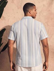 Ocevento Men's Blue Pinstripe Camp Collar Shirt, Short Sleeves. Relaxed Fit, Breathable Linen Blend. Deep V-Neck For Laid-Back Vibes. Your Go-To For Bea - Multicolor - View 6