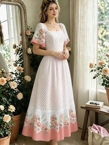 Modelyn 女士优雅波点渐变印花连衣裙，时尚方领泡泡袖荷叶边下摆设计，夏季度假风长裙 - 彩色 - 查看 3