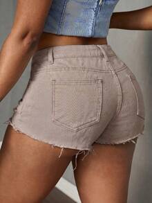 BamGleam Shorts de mezclilla desgastados y rasgados para mujer con bolsillos y dobladillo deshilachado - Caqui - Ver 3