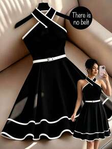 Franclia Women's Elegant Black And White Contrast Cross V-Neck Elastic Waist A-Line Hem Contrast Trim Sleeveless Mini Dress Party Date Night Beach Summer - Black - View 3