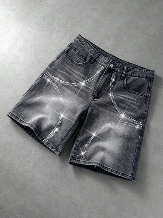 Street Life Pantaloncini casual in denim da uomo con tasche, bottoni e decorazioni in strass, versatili per l'uso quotidiano e i viaggi