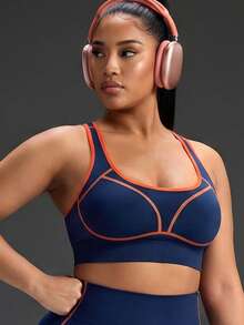 Powerista Women's Plus Size Seamless Sports Bra With Trim And Back Cutout For Daily Fitness - Navy Blue - View 7