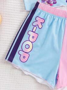 SHEIN 年轻女孩时尚酷炫多彩的K-Pop女团字母星形印花服装，彩色卡通人物两件套奶油粉色韩流粉丝礼物音乐时尚女孩 - 粉色 - 查看 5