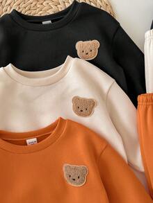 SHEIN 女嬰秋冬可愛百搭卡通圖案長袖運動衫 3件套 - 黑色 - 查看 3