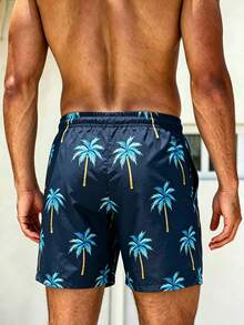 Manfinity Swimmode Plus Size Men's Casual Palm Tree Print Drawstring Beach Shorts, Holiday - Navy Blue - View 3