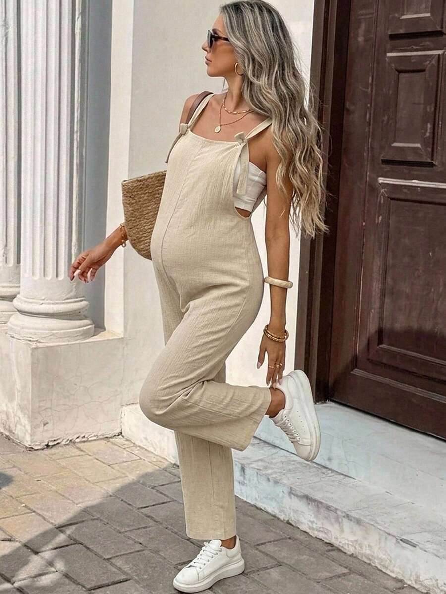 SHEIN 孕婦純色扭結前襟休閒連身褲 - 卡其色 - 查看 1