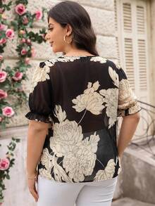 SHEIN Clasi Plus Size Vacation Fashion Floral Print Sheer Ruffle Tie Front Blouse - Multicolor - View 2