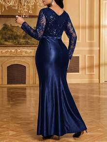 Fleurora Women's Elegant Party Sequin Embroidery Mesh Patchwork Fishtail Dress - Navy Blue - View 2