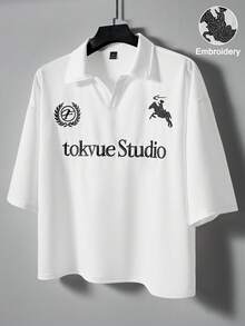 TOKVUE 男士白色夏季街頭風 3D 金色刺繡圖案 Polo 衫，畢業返校季，時尚高端戶外音樂節穿搭 - 白色 - 查看 3