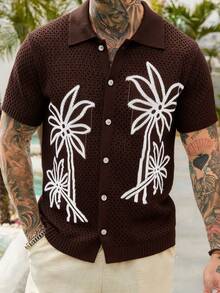 VENTUSAIL Men's Palm Tree Pattern Short Sleeve Single-Breasted Knit Cardigan - Coffee Brown - View 7