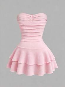 Sweetra Vestido mini elegante sin tirantes con textura de capas tipo pastel para mujer talla grande - Rosa - Ver 2