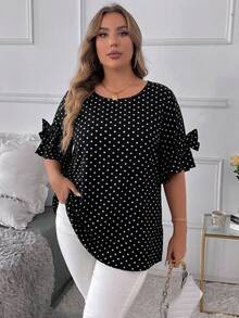 SHEIN CURVE+ 大尺碼夏季休閒波點印花蝴蝶結裝飾襯衫 - 黑與白 - 查看 7