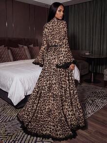 Silforma 3D Floral Decor Leopard Print Mesh Flare Sleeve Ruffle Hem Tie Waist Robe, Vacation Style - Multicolor - View 2