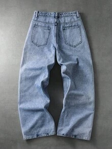 ROMWE MEN Celana Jeans Pria Gaya Y2K Model Lebar, Jeans Biru Muda Pudar dengan Efek Sobek dan Usang, Hiasan Rivet Warna-warni, Jeans Gaya Kargo Longgar Gaya Jalanan, Jeans Pria untuk Semua Musim. - Biru - View 2