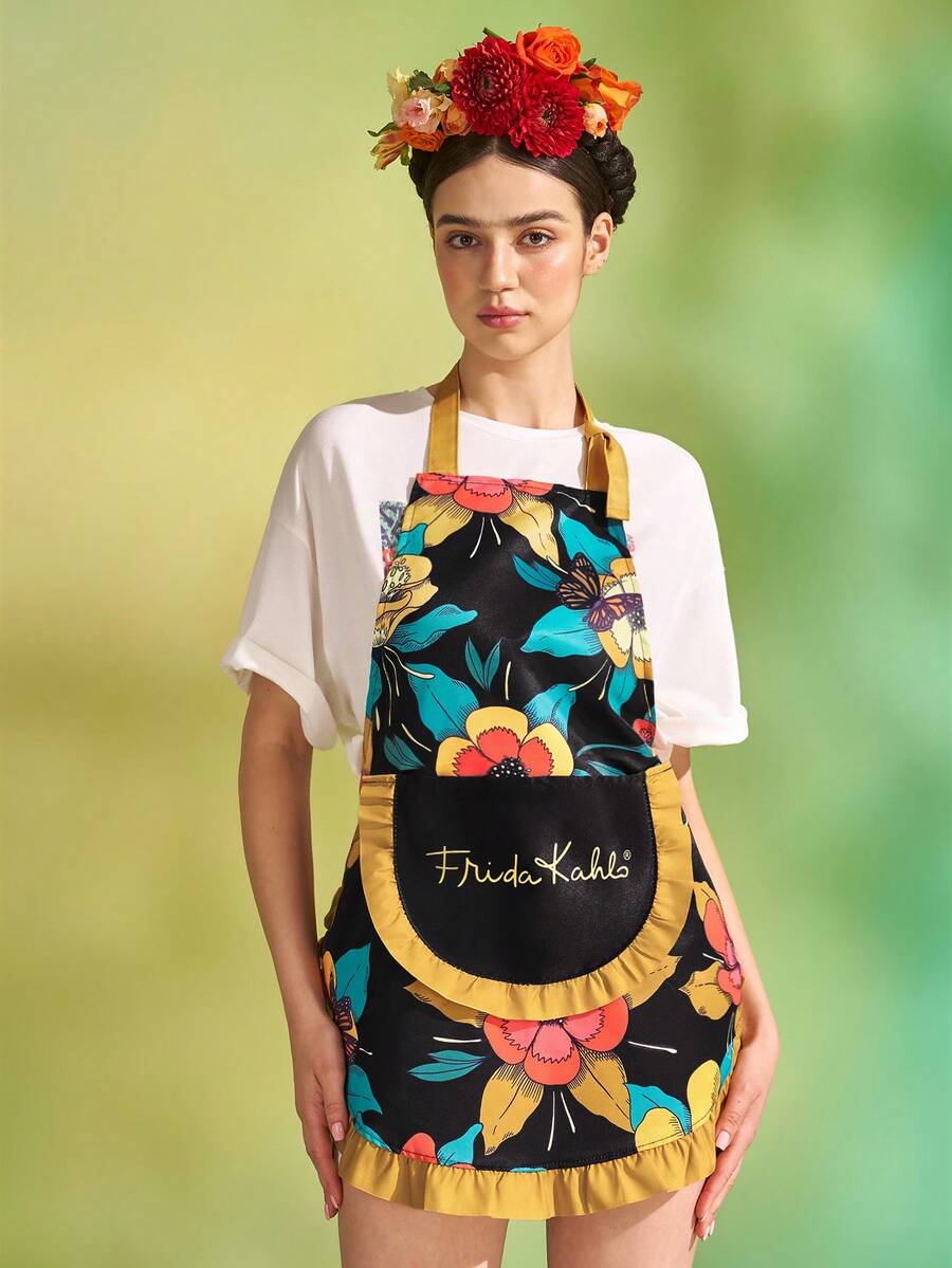 Frida Kahlo X SHEIN 1 件弗里达花卉人物图案围裙,适用于烘焙、厨房清洁、礼品 - 芥末黃 - 查看 1