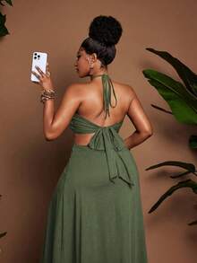 Maweii Summer Plus Size Women Strapless Tie Metal Buckle Decor Tube Top 2 In 1 Waist-Exposing Flared Dress - Army Green - View 7