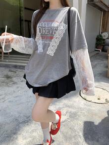 DAZY 女款字母印花圓領拼接蕾絲二合一長袖T恤 - 灰色 - 查看 6
