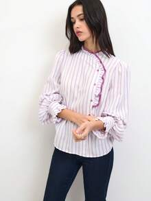 Nöista Striped Ruffle High-Neck Blouse With Puff Sleeves And Contrast Piping; Perfect For Office, Meetings, Brunch, Dates, Romantic, Preppy, Winter, Autumn - Mauve Purple - View 4