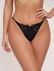 SHEIN Tanga de encaje de contraste, lencería sexy - Negro - Ver 4
