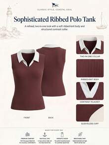 Nima Coro Women's Summer Back To School American Retro Color-Block Collar Sleeveless Vest, Brown Ribbed V-Neck Slim Fit Base Layer, Daily Office Preppy Wear. - Brown - View 2