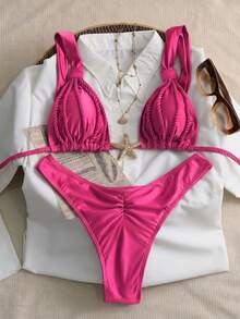 SHEIN Swim 女款兩件式比基尼泳衣套裝，適合海灘與海邊約會，時尚性感優雅浪漫復古風，粗肩帶編繩抓皺設計，咖啡棕大地色系，女款海灘兩件式泳裝 - 玫紅色 - 查看 1