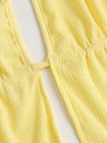 Sweetra Damen Frühling/Sommer Gelbes Urlaubsstil strukturiertes Spaghetti-Träger-Top & bequeme vielseitige lässige drapierte gerade Bein weite Hose 2-teiliges Set - Gelb - Übersicht 3