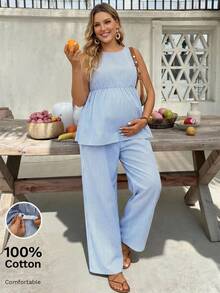 Plussiva Plus Size  Blue Striped Resort Two-Piece Set,Maternity Vacation Casual Striped Tank Top & Long Pants 2 Pieces Set - Blue - View 4