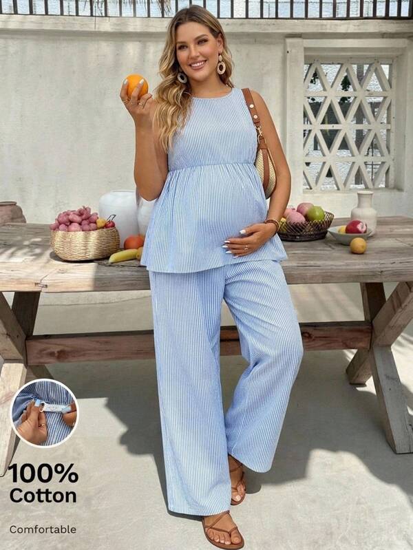SHEIN Plus Size Maternity Vacation Casual Striped Tank Top & Long Pants 2 Pieces Set