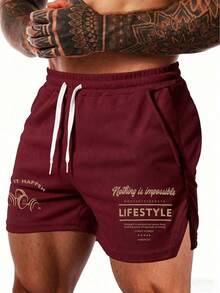 GymBeat Men's Letter Print Drawstring Waist Sports Shorts, Gym - Black - View 7