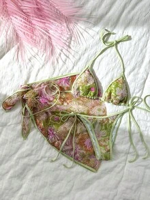 Swim Vcay 3件組春/夏海灘度假花卉亮片紋理布料掛脖三角比基尼上衣搭配側綁比基尼褲與亮片迷你裙性感比基尼泳衣女款 - 彩色 - 查看 3