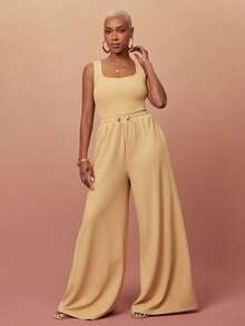 Vixey Solid Crepe Square Neck Drawcord Waist Wide Leg Jumpsuit, Elevated Casual Chic, Everyday Style, Off Duty Vacation Beige Summer Travel - Olive Green - View 4