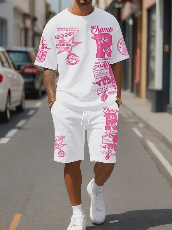 Sorvial Herren T-Shirt mit Buchstaben-Muster und Kontrastfarbe, Rundhalsausschnitt, Kurzarm und Shorts mit Tasche und Kordelzug in der Taille