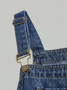 SHEIN Girls' Lace Bow Frayed Heart-Patterned Dark Blue Denim Loose-Fitting Overalls Fall Graduation Y2k - Medium Wash - View 6