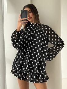 Aloruh Elegantes Damen-Minikleid im Puppenstil mit schwarz-weißem Polka-Dot-Muster, Regenschirm-Design, vielseitig für den täglichen Arbeitsweg, Teegesellschaft und Schulanfang, Herbstrock - Schwarz und Weiss - Übersicht 4